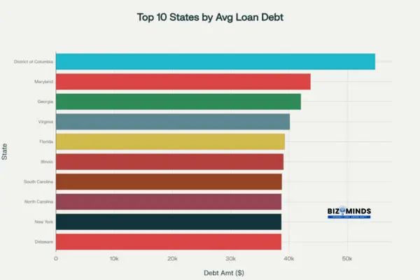 Top 10 States by Average Student Loans Debt