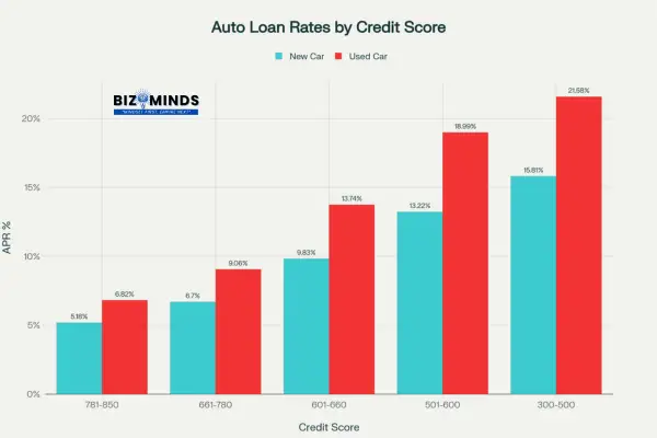 Comparison of new and used car loan interest rates across different credit score ranges