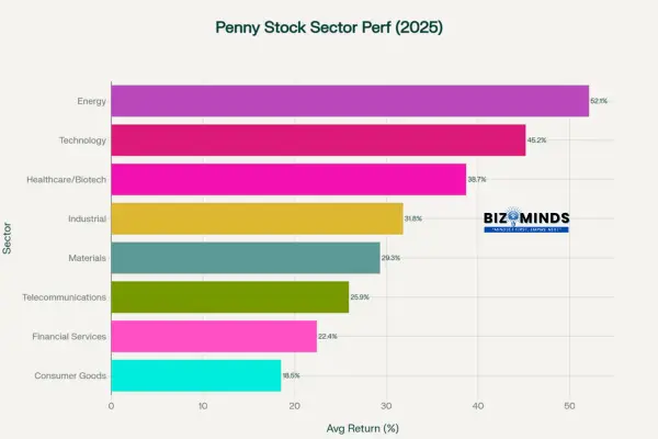 Penny stocks sector performance showing energy and technology leading with highest returns
